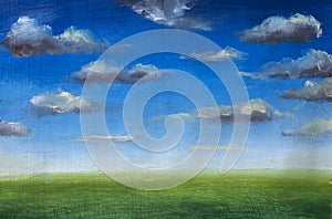 Green grass field, blue sky with clouds, oil painting, nobody, spring landscape, summer landscape, nature, skyline.