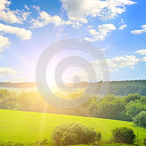 Green grass field on hills and sun on blue sky