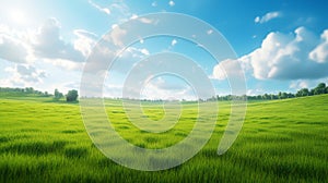 Green grass field on small hills and blue sky with clouds. Summer spring landscape background. Generative AI.