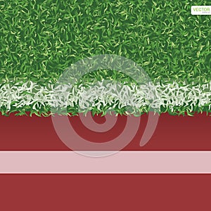 Green grass field of soccer football with running track for sports background. Vector