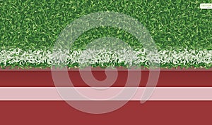 Green grass field of soccer football with running track for sports background. Vector