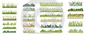 Green grass with flowers mega set in flat graphic design. Vector illustration.