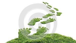 Green grass footprints, ecology concept of carbon footprint and emissions, 3D illustration