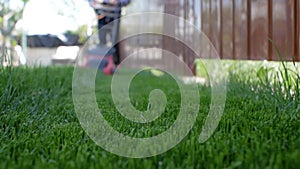 Green grass in the foreground and man with lawn mower approaching in the background. Low angle shot