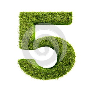 green grass forming number five, 5, alphabet text font character isolated on white in nature, growth and eco environment