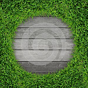 Green grass frame and vintage wood background.