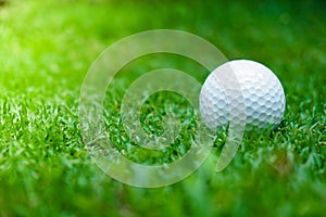 Green grass with golf ball close-up in soft focus at sunlight. Sport playground for golf club concept ,Golf ball on tee ready to