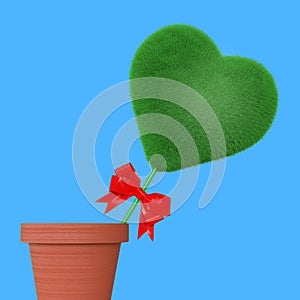 Green Grass Heart with Red Ribbon in Flowers Pot. 3d Rendering