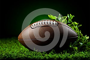 Green grass hosts an American football, strikingly isolated on black