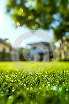 Green grass lawn against the backdrop of a beautiful house. Copy space