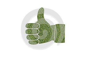 Green grass or lawn as an like icon symbol, thumb up.  Ecological sign, like button isolated on white background. Design element