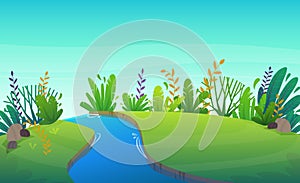 Green grass lawn river at park or forest trees and bushes flowers scenery background , nature lawn ecology peace vector illust