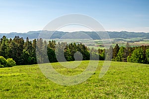 Green grass, meadow and beautiful landscape with blue sky