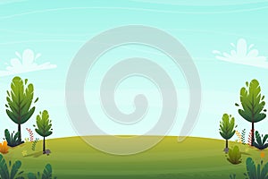 Green grass meadow at park or forest trees and bushes flowers scenery background , nature lawn ecology peace vector illustration o