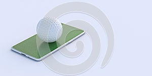 Green grass on mobile and white golfball isolated on white background. 3d illustration