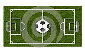 Green grass soccer field and football ball on the field background. Football stadium game 3d object area. Soccer Ball