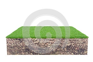 Green grass with soil land geology cross section isolated on white background, 3d render