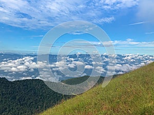 Green grass on top of the mon jong mountain at Chaing mai, Thailand