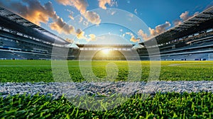 Green grass and tribunes at stadium at sunset, empty soccer field and sky background. Concept of sport, ground, court, sun, line