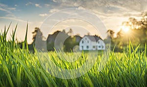 Green grass in a wide meadow, country house in the background, artistically blurred