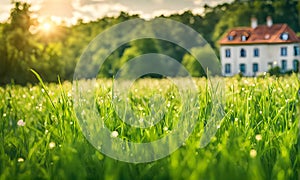 Green grass in a wide meadow, country house in the background, artistically blurred