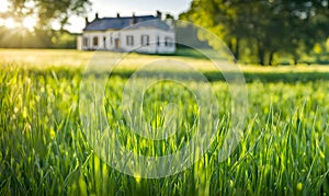 Green grass in a wide meadow, country house in the background, artistically blurred