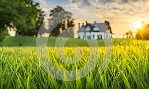 Green grass in a wide meadow, country house in the background, artistically blurred