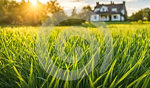 Green grass in a wide meadow, country house in the background, artistically blurred