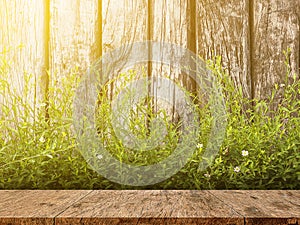 Green grass on wood background with empty wooden table top