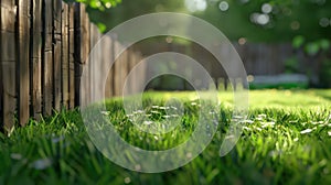 Green grass and wooden fence, summer abstract background. Generative AI