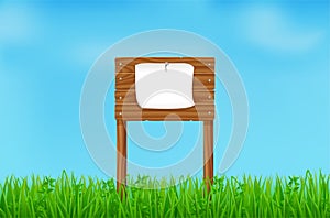 Green grass, wooden sign board and white paper