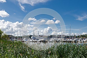 Green grass and yachts in harbor Djurgarden Stockholm Sweden photo