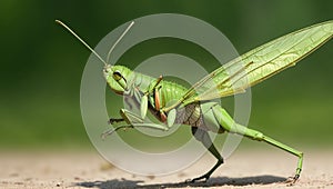 A green grasshopper leaping through the air