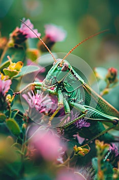 green grasshopper nature closeup. Selective focus