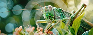 green grasshopper nature closeup. Selective focus