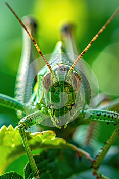 green grasshopper nature closeup. Selective focus
