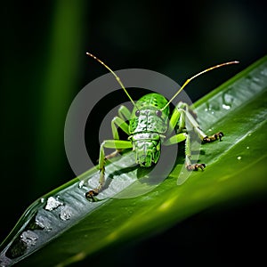 a green grasshopper is sitting on top of a leaf