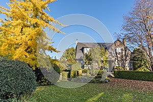 Green, grassy lawn in front of a two-story house