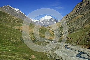 Green grassy mountain valley with stream and hills