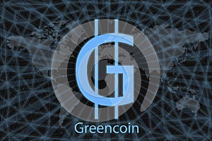 Green GRE Abstract Cryptocurrency. With a dark background and a world map. Graphic concept for your design