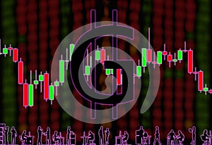 Green GRE cryptocurrency. Background of blurry numbers and candlestick chart. Silhouettes of office workers
