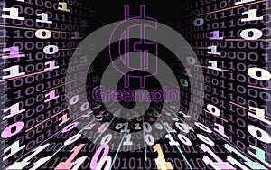 Green GRE cryptocurrency. binary code tunnel on black background