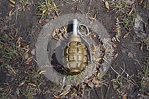 Green grenade resting on a battlefield. Hand grenade F-1. Lost green garnet. real weapons are dangerous, fragmentation