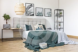 Green and grey bedroom interior