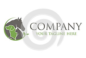 Green and Grey Color Dog cat Horse Circle with Leaf Logo Design