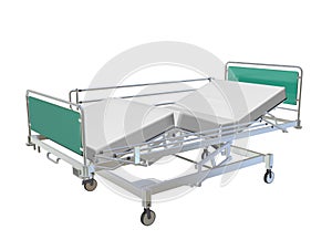 Green and grey mobile adjustable hospital bed with recliner and side guards, 3D illustration