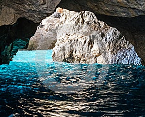 The Green Grotto also known as The Emerald Grotto, Grotta Verde, on the coast of the island of Capri in the Bay of Naples, Italy