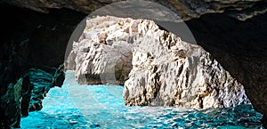 The Green Grotto also known as The Emerald Grotto, Grotta Verde, on the coast of the island of Capri in the Bay of Naples, Italy