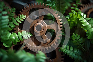 Green growing plants emerging from the center of rusty gear wheels, symbolizing the balance between nature and industry