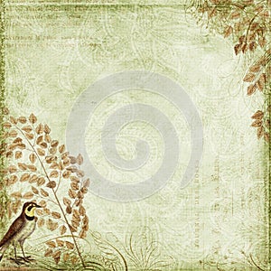 Green Grungy background design with bird, leaves